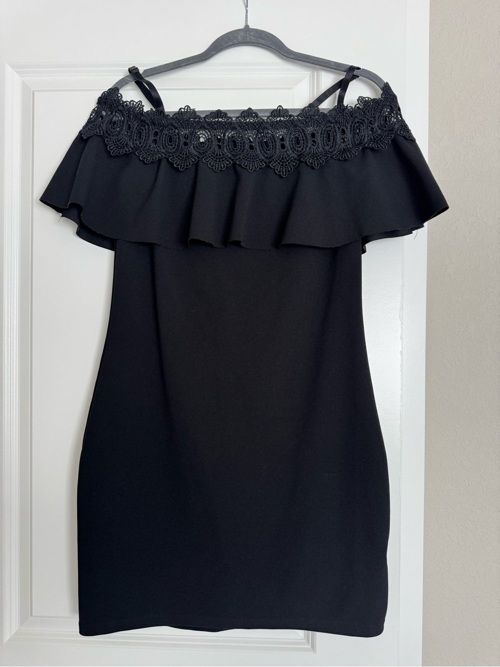 by & by Black off the Shoulder Ruffle Dress with Lace Yoke